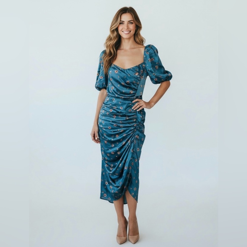 ASTR The Label Elegant Blue Floral Puff Sleeve Fitted Dress Women's Medium